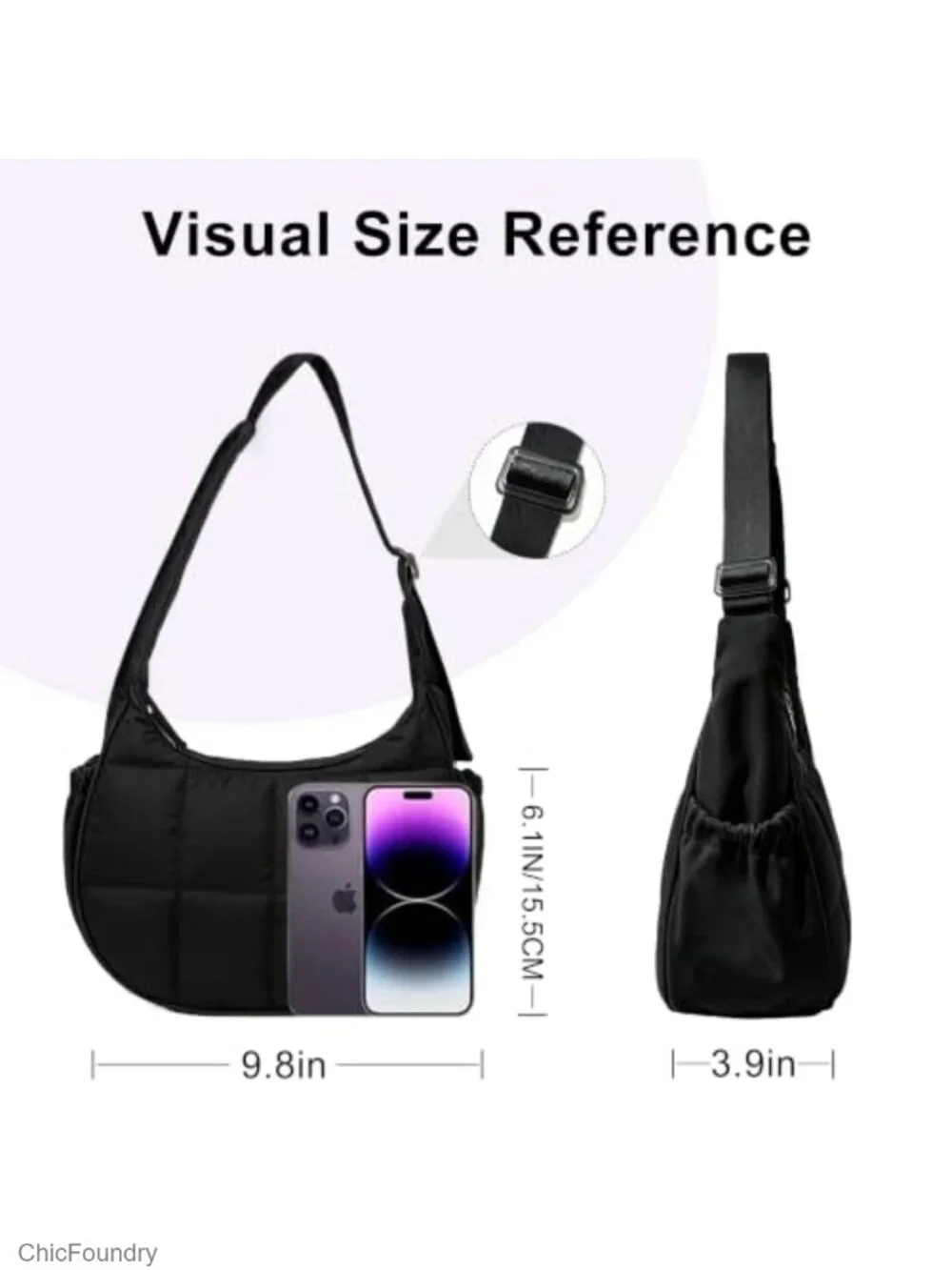 Quilted Nylon Puffer Crescent Shoulder Bag Multi-Pocket Adjustable Strap Hobo